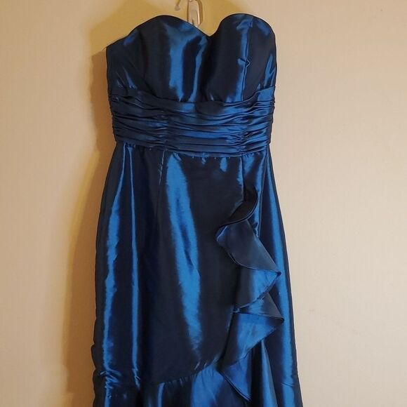 Pretty Maids strapless blue ruffled mermaid maxi gown size 10 - Picture 2 of 14